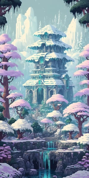 beautiful and magic snowy forest, full of various flowers, (ancient deceased giant mecha:1.3), multiple different animals and birds, waterfall, architecture, art nouveau, temple, tech, neon colors, HLD style, pixel art