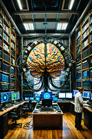 (masterpiece, best quality:1.4), In the center of the room, a colossal human brain is intricately connected to advanced computers housed in the surrounding racks by millions of wires. This extraordinary Brain possesses two eyes that fixate upon us with astonishing precision, captured in a painting with unparalleled detail and resolution at K, there are two scientists who are examining the Brain,more detail XL