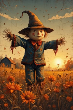 Masterpiece, professional, award-winning, intricate details, ultra high detailed, 64k, dramatic light, volumetric light, autumn, best quality, ink painting, acrylic, detailed cute little scarecrow on a rye field, cornflowers, sunrise, farm house, by Greg Craola Simkins, Dan Mumford, Andy Kehoe, 2d, flat, cute, adorable, vintage, art on a cracked paper, fairytale, storybook detailed illustration, cinematic, ultra highly detailed, tiny details, beautiful details, mystical, luminism, vibrant colors, complex background. Showcasing incredible texture and detail. Rendered in high-quality, super-detailed textures. Meticulously illustrated. 8k, ek_art_b00ster,anime,illustrated,FluxBoost,myvectorillustrations