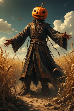 Masterpiece, professional, award-winning, intricate details, ultra high detailed, 64k, dramatic light, volumetric light, Create full body image of an anime features of a scarecrow wizard who has a pumpkin head and is a character from a medieval RPG. Standing in a decayed wheat field. Showcasing incredible texture and detail. Rendered in high-quality, super-detailed textures. Meticulously illustrated. Adds ominous atmosphere in the image, 8k, ek_art_b00ster,anime,illustrated,FluxBoost,myvectorillustrations