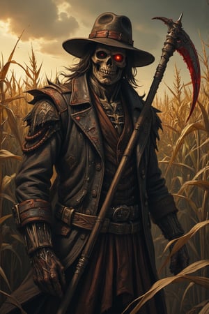 Masterpiece, professional, award-winning, intricate details, ultra high detailed, 64k, dramatic light, volumetric light, best quality, highres, ultra-detailed, (realistic:1.37),dark soul boss style ,skull face, Lovecraftian horror style, haunted corn field background, scythe weapon, glowing red eyes, Scarecrow outfit with rugged clothes and hat, energy cracking around body, battle aura, bloodstained, dynamic lighting, ominous atmosphere, grim and desolate, creepy fog, unsettling shadows, weathered scarecrows, distorted landscapes, haunting whispers, ominous sky, ominous storm brewing, lingering sense of darkness, ominous runes, mystery and suspense, brutal and intense, dread and fear, gothic elements, oppressive silence, menacing presence, horror-filled ambiance, dark and tormented souls, sinister energy, evoking a sense of doom, nightmare-infused reality. Showcasing incredible texture and detail. Rendered in high-quality, super-detailed textures. Meticulously illustrated, 8k,anime,illustrated,Enhanced all,