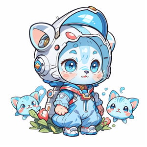 cartoon silver tabby cat in a blue spacesuit, blue Helmet, centered, full body, no_humans, Depth of field, ((empty background)), ((whitebackground)), (kawaii:1.3), (anime:1.4), cute, round eyes, (8K, RAW photo, Best quality, masterpiece:1.2),  Logo, vector, Line graphics, design, inspiration, straight line, symmetry