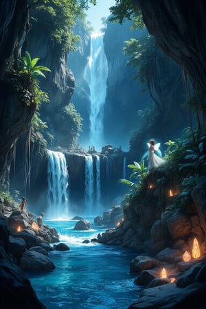 Masterpiece, professional, award-winning, intricate details, ultra high detailed, 64k, dramatic light, volumetric light, Mystical, hidden grotto with glowing crystals and ethereal nymphs, high-quality, magical, ethereal beauty, mythical creatures, serene ambiance, luminescent allure, hidden sanctuary:1.2, cascading waterfalls, shimmering reflections, whispered melodies, mythical encounters, tranquil haven, captivating serenity,ek_art_b00ster,anime,illustrated,
