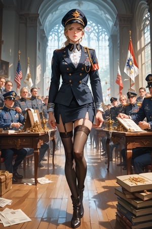 score_9, score_8_up, score_7_up, (best quality, 4K, high resolution, masterpiece, very detailed, realistic anatomy, realistic:1.37), attractive young woman, senior military officer, (Wearing Prussian Hussar uniform), (full body shot:1.3), (Light gray double-breasted blazer jacket), (black pencil skirt), Prussian Death Head Cap, black stockings, heel boots, blonde hair, high-ponytail Hairstyle, stand confidently, This full-length portrait captures her power and authority, Keen focus on details and intimidating eyes, The image evokes an aura of discipline and respect. Set with military background,