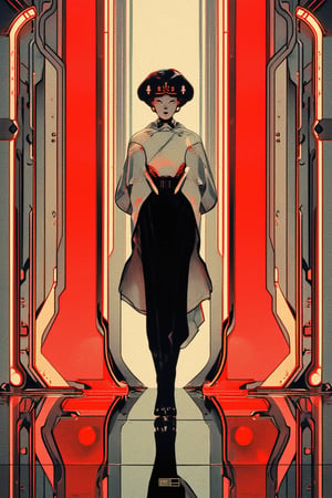 In a breathtakingly detailed, 4K masterpiece, a single, stunning woman (1.0) stands poised in front of a striking, symmetrical background (Symmetry: 1.2). Her retro-futuristic, art-deco inspired attire blends seamlessly with the clean, flat colors (flat_color: 1.4) and sleek lines of her surroundings. Amidst this cyberpunk backdrop, she exudes confidence, her minimalist pose a testament to her unapologetic individuality (ct-identityV2).