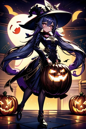 (​masterpiece, 4k, Hight Resolution, masterpiece:1.2, illustration style, official artwork, mature), hutao_genshin, 1girl, solo, red eyes, symbol-shaped pupils, silver hair, long hair, very long hair, sidelocks, hair between eyes, twintails, medium breasts, shoes, black footwear, Purple big witch hat with ornaments and embroidery, Black witch costume, holding pumpkin with both hands, poltergeist, ghost, flying around, school, classroom background, leonardo,hutao_genshin,Halloween style,EpicGhost