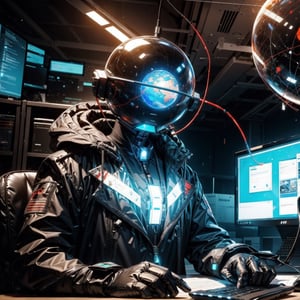feature glowing sphere head, transparent head, sole_male, suited man, cybertech suit, office, multiple computers, wires, glowing displays, ,xx as head