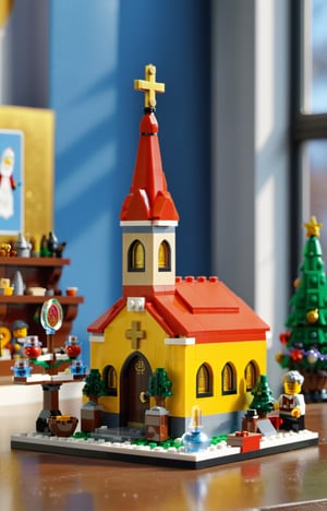 Lego brick scene, LEGO Creator, {a church made of LEGO, cartoon, disney style}, Surreal images, Christmas theme, Real-world scenarios, in 8k resolution,  Meticulous and minimalist environment, A highly detailed, Top  Quality, Artistic photography, Miniature scenes, cinematic texture , iOS 100, LEGO MiniFig, LEGO Creator,