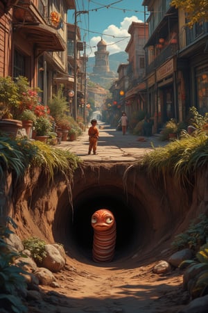 Masterpiece, professional, award-winning, intricate details, ultra high detailed, 64k, dramatic light, volumetric light, Create an image of a lively anime street in San Bernardino, featuring a small underground burrow where a tiny and cute anime earthworm named "Stinker" is born. The scene should capture the vibrant atmosphere of San Bernardino, California, with narrow streets, old buildings, and a mix of human activity. In the background, there should be a subtle depiction of sounds or vibrations in the soil, as if the earth itself is echoing with words like "Stinker, how have you buried it?". The earthworm's burrow should appear cozy, with little hints that this is no ordinary earthworm. Funny scene with goofy face of earthworm is detailed and visible.,ek_art_b00ster,anime,illustrated,FluxBoost