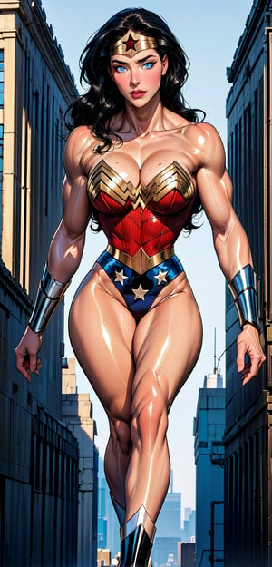 Wonder Woman, (Masterpiece), Best Quality, (Extremely detailed), (1Girl:1.4), ((beautiful blue eyes)), (black middle length wavy hair), Wonder Woman, (intricate details, makeup), (delicate and beautiful delicate face, delicate and beautiful delicate eyes, face with perfect proportions), (shiny skin: 1.2), delicate skin, strong and realistic blue eyes, realistic black hair, lips, makeup, natural skin texture, tiara, red and gold bustier, blue leotard with white stars, (silver Bracelets:1.2), red knee-high boots, golden belt, (Wonder Woman clothing:1.1), bare shoulders, ((light tanned skin:0.8)), mature, sexy, elastic muscles, (muscles: 1.2), ((strong and healthy body)), ((more) muscles))), cleavage, long legs, curves, (big breasts: 1.3), ribs, thin waist, soft waist, (delicate skin), (beautiful and sexy woman), (swollen lips: 0.9), (eyelashes: 1.2), very delicate muscles, perfect body, perfect anatomy, perfect details, perfect fingers, Perfect limbs, thigh gap, watercolor, professional, Bokeh, Decreased saturation, overlooking a (New York city skyline:1.2), overlooking a modern city, sky - high view, Sky view, (City skylines view), ((night time:1.2)), ((from above:1.5)), ((flying:1.3)), (masterpiece, best quality), ,semi-realistic,dwarfoil,wonder2,2.5D