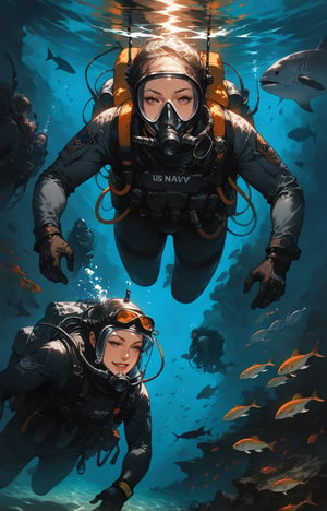 score_9, score_8_up, score_7_up, (Fidelity:1.2), (best quality, 4k, 8k, highres, masterpiece:1.2), ultra-detailed, (realistic), diving, 3divers, deep underwater, us navy, secret mission, group of military divers, military scuba diving suits, concept art, Best quality, Ultra High Resolution,l4rg33y3s,Expressiveh,dark theme