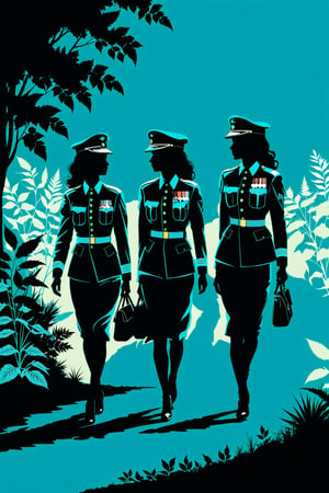 character silhouette, 3 women at a botanical garden, body in shadow, in military uniform, dark night, turquoise green background, Flat vector art,pencil sketch