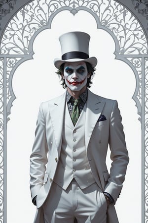 Masterpiece, professional, award-winning, intricate details, ultra high detailed, 64k, dramatic light, volumetric light, Minimalist fashion photo of a comic book villian Joker in white suit and top hat. White filigree background, 8k,ek_art_b00ster,anime,illustrated,Enhanced all