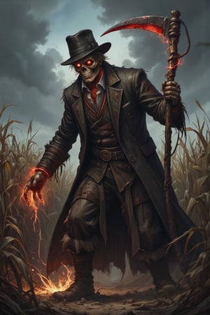 Masterpiece, professional, award-winning, intricate details, ultra high detailed, 64k, dramatic light, volumetric light, best quality, highres, ultra-detailed, (realistic:1.37),dark soul boss style ,skull face, Lovecraftian horror style, haunted corn field background, scythe weapon, glowing red eyes, Scarecrow outfit with rugged clothes and hat, energy cracking around body, battle aura, bloodstained, dynamic lighting, ominous atmosphere, grim and desolate, creepy fog, unsettling shadows, weathered scarecrows, distorted landscapes, haunting whispers, ominous sky, ominous storm brewing, lingering sense of darkness, ominous runes, mystery and suspense, brutal and intense, dread and fear, gothic elements, oppressive silence, menacing presence, horror-filled ambiance, dark and tormented souls, sinister energy, evoking a sense of doom, nightmare-infused reality. Showcasing incredible texture and detail. Rendered in high-quality, super-detailed textures. Meticulously illustrated, 8k,anime,illustrated,Enhanced all,