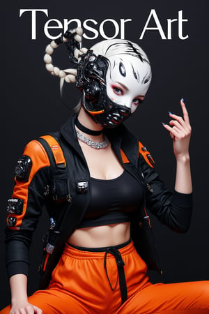 (magazine cover:1.3), (realistic: 1.3), (original: 1.2), masterpiece, best quality, beautiful clean face, fullbody, 1woman, (wearing black and white and cobalt scifi techmask and headphones with complex electronics), wearing black techwear jacket and orange trousers with buckle and tape, (crystal necklace), posing for a picture, (white braided bun hair), Title text “Tensor Art” in white letters with red border on black background.