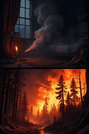 Masterpiece, professional, award-winning, intricate details, ultra high detailed, 64k, dramatic light, volumetric light, Create an image of a small flickering candle in a dark room is blown out by a gust of wind, symbolizing weakness. In contrast, a raging forest fire is shown in the next scene, with the same wind making the fire even stronger and more intense, symbolizing strength and perseverance against challenges. Showcasing incredible texture and detail. Rendered in high-quality, super-detailed textures. Meticulously illustrated. Adds ominous atmosphere in the image, 8k, ek_art_b00ster,anime,illustrated,FluxBoost,myvectorillustrations