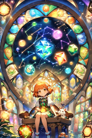 Highly qualified 8K style Studio Ghibli, HD, Zodiac stained glass woman (familiar face) magic space, sitting, starry sky, meteor, rotating light particles and disappearing magic letters, looking into the glowing sphere of light, miracle, warm light (constellation stained glass: 1.5) Light green and light orange tones, smile, epic, celesta, fantasy world, cute world,