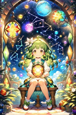 Highly qualified 8K style Studio Ghibli, HD, Zodiac stained glass woman (familiar face) magic space, sitting, starry sky, meteor, rotating light particles and disappearing magic letters, looking into the glowing sphere of light, miracle, warm light (constellation stained glass: 1.5) Light green and light orange tones, smile, epic, celesta, fantasy world, cute world,