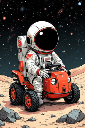 Masterpiece, professional, award-winning, intricate details, ultra high detailed, concept art, Vector Art, aesthetic, Vector Cartoon Illustration, vector, complex details. a cute futuristic astronaut with large helmet and small body. Cartoon hand drawn style, A cute version image with great visual impact, The details are vividly portrayed, Wearing a black visor, Wearing a crisp white suit with red shoulder straps, Cute hero riding a Three-wheeled vehicle with large grippy tires, Exploring the lunar surface, The background shows a stunning galaxy, Filled with stars and cosmic wonders, The palette is red, Orange and black shades, With a rough style, The background should have a simple hand-drawn doodle pattern. a character with digital artwork, bright colors, bold outlines, illustrative, highly detailed,ek_art_b00ster,anime,illustrated,myvectorillustrations