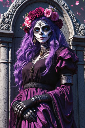 Masterpiece, professional, award-winning, intricate details, ultra high detailed, 64k, dramatic light, volumetric light, create an image of 1girl, expressive eyes, perfect face, (bright purple hair, long hair), perfect anatomy, full body, looking at viewer, bright blue eyes, beautiful face, perfect face, perfect hands, perfect legs, super detailed clothing, intricate clothing, super detailed and intricate makeup,with white skin, long wavy purple hair, thin blue eyes with a medium bust dressed as Catrina from the Day of the Dead in Mexico. She wears very detailed makeup alluding to the Day of the Dead in Mexico called Catrina, She is standing next to a large grave, photorealistic, 8k, realistic shadows. Showcasing incredible texture and detail. Rendered in high-quality, super-detailed textures. Meticulously illustrated. Adds ominous atmosphere in the image, 8k,