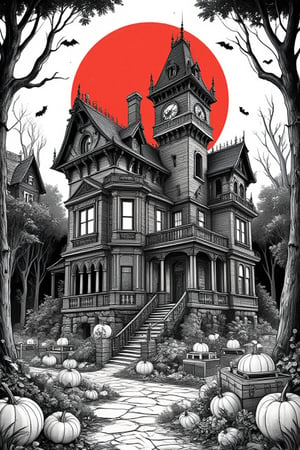 Masterpiece, professional, award-winning, intricate details, ultra high detailed, 64k, dramatic light, volumetric light, black and white, colouring book illustration style of spooky haunted house poster, pumpkins, bats, withered giant branches, red moon, ray tracing, stacked chests, haunted house in black and White. Showcasing incredible texture and detail. Rendered in high-quality, super-detailed textures. Meticulously illustrated. Adds ominous atmosphere in the image, 8k, ek_art_b00ster,anime,illustrated,FluxBoost,myvectorillustrations