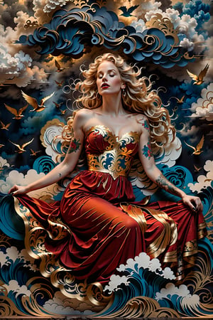 (masterpiece, best quality:1.4), stacked papercut art of in the depths of a mysterious blue abyss, a woman with striking tattoos sprawls across a floating cloud. she is adorned in a vibrant red and gold dress that contrasts against her black and white tattoos. her long blonde hair cascades down her back as she reclines on the cloud, seemingly lost in thought. beside her, an old, worn chest lies closed, its secrets locked away for eternity. the chest bears an inscription that reads: "once bound, now free." this phrase seems to capture the essence of this enigmatic scene a symbol of both constraint and liberation. a face, partially hidden behind a veil, appears in the background. it watches the woman with curiosity and fascination. its presence adds an element of intrigue, hinting at deeper stories and hidden meanings within this captivating tableau. the entire scene is shrouded in a hazy mist, giving it an ethereal quality that enhances its allure. despite the confinement of the cloud, the woman radiates an aura of  and strength, as if she has overcome whatever once bound her. the scene is a testament to resilience and the human spirit's capacity to transcend limitations. . 3d, layered, dimensional, depth, precision cut, stacked layers, papercut, high contrast