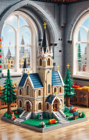 Lego brick scene, build a church made of LEGO, cartoon, disney style, Surreal images, Christmas theme, Real-world scenarios, in 8k resolution, A highly detailed, Top  Quality, Artistic photography, cinematic texture , iOS 100, LEGO MiniFig, LEGO Creator,lego