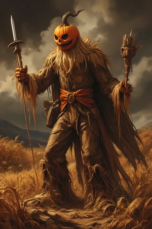 Masterpiece, professional, award-winning, intricate details, ultra high detailed, 64k, dramatic light, volumetric light, Create full body image of an anime features of a scarecrow wizard who has a pumpkin head and is a character from a medieval RPG. Standing in a decayed wheat field. Showcasing incredible texture and detail. Rendered in high-quality, super-detailed textures. Meticulously illustrated. Adds ominous atmosphere in the image, 8k, ek_art_b00ster,anime,illustrated,FluxBoost,myvectorillustrations