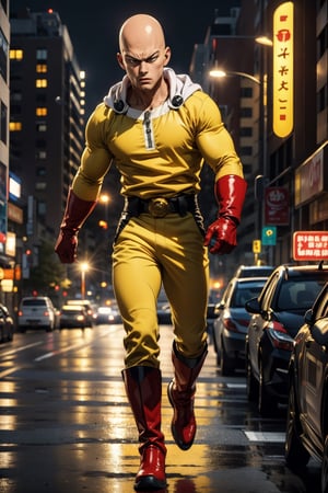 masterpiece, best quality, 1boy, (saitama), blad head, yellow clothes, brown eyes, red gloves, red boots, angry face, aura power, night, natural light, flying, angry eyes, male focus, strong muscles, movie composition, flying, bokeh, (futuristic), (full body), city view, flying above the city, scary look, godly strenght, yellow emergy around him,Enhance,leonardo,SAITAMA