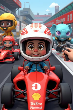 In a thrilling New AI Race, three cartoon 3D characters - Minor the clown, Whale2, Elephant, and The Robot/Alien/Cetus - don helmets instead of heads, their eyes gleaming with excitement. As they ride on the track, the Ferrari F1 car blurs in the background. Suddenly, one helmet comes off, revealing a screwdriver-wielding hand. In this official contemporary animation, pixelation adds a retro arcade vibe to the kawaii kids' cartoon. The characters are surrounded by racing cards and speedway sounds, immersing viewers in a thrilling videogame-like experience.