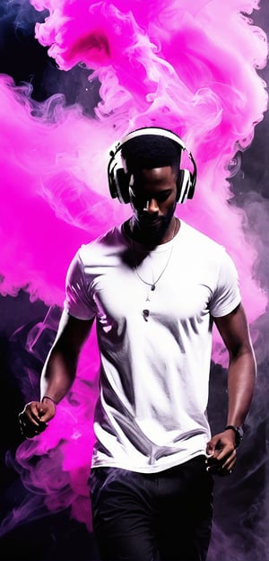 (masterpiece, best quality:1.4), Man in white T-shirt and headphones, dancing, Image with black and pink background, Futuristic graphic effects, Immersive 4K cinematic images,smoke,ink smoke,ink smoke background, score_9,score_8_up,score_7_up,score_6_up,art_booster