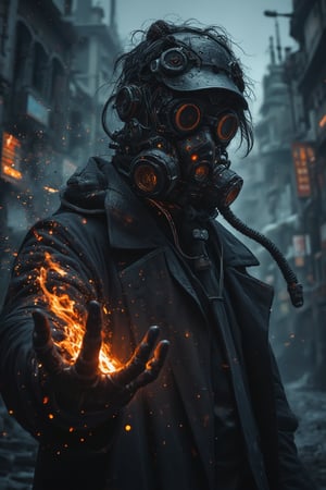 Masterpiece, professional, award-winning, intricate details, ultra high detailed, 64k, dramatic light, volumetric light, create an anime character wearing a black gas mask with only one respirator that covers his entire face and a dress shirt with a black tie and a black overcoat. He has the power to control darkness as if they were black flames of darkness in his hand,ek_art_b00ster,anime,cyberpunk