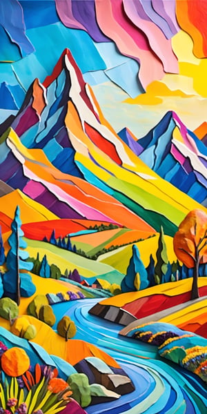 (((Masterpiece))), (((Best Quality))), ((Ultra-detailed)), (Best Illustration), paper mache representation of painting of a colorful landscape with a mountain in the background, a fine art painting inspired by william didier pouget, featured on shutterstock, neo fauvism, colorful landscape painting, vibrant gouache painting scenery, vivid landscape. 3d, sculptural, textured, handmade, vibrant, fun