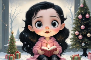 Realism, a painting, fairy tale fantasy style, Christmas Style, John Tolkien Style, Small painting by Jean-Baptiste Monge, soft facial features, cute little girl, sitting on a chair with loose black hair near the Christmas tree, soft facial features, wearing slacks, wearing a sweater, With light makeup, dark pink lips, "pearly" Lip shape, "curved eyebrows in the shape of Engriberts, light gray eyes, eyes with heavy eyelids, perfect hand, very clear, flawless, five fingers, long black wavy hair, in a knitted sweater, in black pants, Mischievous character, Christmas tree, Gifts, Jean-Baptiste Monge, anthropomorphic,