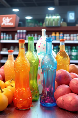 glass bottles, grocery stores, potatoes, fluorescent lamps translucent, luminary, kawaii, bauhaus, colorful, plastic, transparent, product design, shiny jelly, cute and cute plastic machine parts, awesome lighting, 3D, digital art, translucent plastic bubble gum, close-up, 3D, super detail, borderless, C4D, octane rendering, blender, HD, full body, simple background! !!