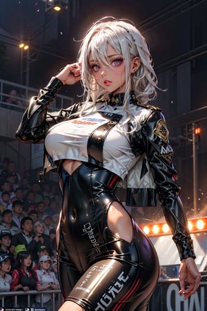 Unreal engine 5 Realistic render, cosplayer, random pose, race queen, silver long hair, purple eyes, big breasts, slender toned body, Uniforms with logos, Exquisite beauty, beautiful face, The body shape of a slender model, tits huge, glittering, wet shiny body, short white hair, (((Dark brown skin care))), neons, Large crowds, audience, Emperor formation, Drag racing, Midsummer Racing Circuit, race cars, Lower grades, Large crowds, spectators, ,Read Desc