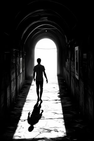 (silhouette:1.25), dark background, A black and white photo of a person walking through a tunnel, Deep lines and shadows, Light and shadow contrast, Strong light and shadows, High contrast light and shadows, Glowing lines, Great light and shadow, Dramatic light and shadows, Beautiful light and shadow, Lines and movement, Dramatic light and shadow, Volumetric Light, Surrealism, flat color, flat shading, highres, superb, 8k wallpaper, extremely detailed, intricate, limited palette,ek_art_b00ster,anime,illustrated,FluxBoost,myvectorillustrations