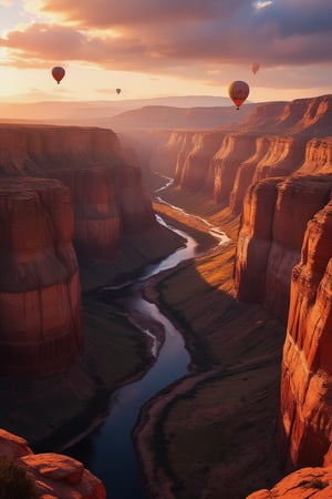 Masterpiece, professional, award-winning, intricate details, ultra high detailed, 64k, dramatic light, volumetric light, A photorealistic, breathtaking canyon landscape at sunrise, with steep cliffs glowing in warm hues, a meandering river below, and hot air balloons drifting in the sky:2, forcus on hot air balloon, canyon grandeur, sunrise splendor, aerial adventure, rugged beauty, desert dreams.,ek_art_b00ster,anime,illustrated,FluxBoost