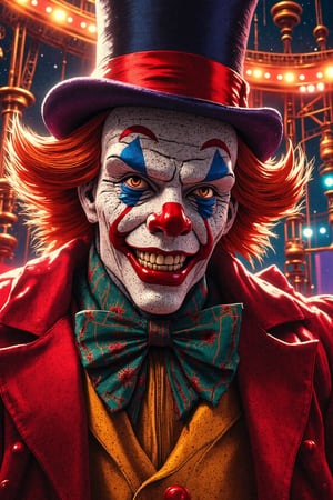 Masterpiece, professional, award-winning, intricate details, ultra high detailed, 64k, dramatic light, volumetric light, create an image of a Clown mask donning a top hat and bow tie, an intriguing portrait of a skull clown adorned with colorful paint and a fancy hat, the vibrant world of cutecore clowncore bursting with life and whimsy, Joker's ominous grinning skull face, a chilling skull clown encircled by the enchanting atmosphere of a circus, terrifyingly realistic scary clowns that haunt our nightmares, an exquisite portrait death clown with a twisted expression, the mesmerizing clown face, a highly detailed 4k digital art masterpiece of a skull clown, the upside-down world of clown world, photorealistic, 8k, realistic shadows. Showcasing incredible texture and detail. Rendered in high-quality, super-detailed textures. Meticulously illustrated. Adds ominous atmosphere in the image, 8k,