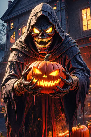 Masterpiece, professional, award-winning, intricate details, ultra high detailed, 64k, dramatic light, volumetric light, create an image of a menacing Jack-o'-Lantern in a Halloween costume, lurking outside a haunting house, clutching a pumpkin in its gnarled claws. The Jack-o'-Lantern's custom is a nightmarish creation, with tattered fabric, sharp fangs, and glowing eyes that pierce through the darkness. The haunting house looms behind, its weathered facade and broken windows adding to the eerie atmosphere. The pumpkin held by the monster is intricately carved with a wicked grin, its candlelight casting eerie shadows on the surroundings. photorealistic, realistic shadows. Showcasing incredible texture and detail. Rendered in high-quality, super-detailed textures. Meticulously illustrated. Adds creepy atmosphere in the image.