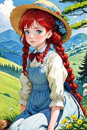 (masterpiece, best quality),from side, 1girl, solo, After searching for hours, They find a Anne (Green Gables)), Red-haired girl, With a wide-brim straw hat, two long red braids, Curious big eyes, Innocent, Joyful look, wear a floral pioneer dress with an apron,sitting on a branch sticking out of a hill,Anime,Enhanced All,ghibli,illustrator,sticker design