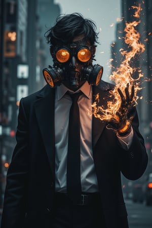 Masterpiece, professional, award-winning, intricate details, ultra high detailed, 64k, dramatic light, volumetric light, create an anime character wearing a black gas mask with only one respirator that covers his entire face and a dress shirt with a black tie and a black overcoat. He has the power to control darkness as if they were black flames of darkness in his hand,ek_art_b00ster,anime,cyberpunk