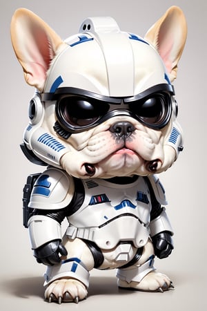 chibi, perfect-composition, Perfect pictorial composition, Creative poster, Cute, Cute Star Wars White Stormtrooper, wearing Mask and helmet, cartoon, anthropomorphic french bulldog, (Detailed French Bulldog Appearance）
