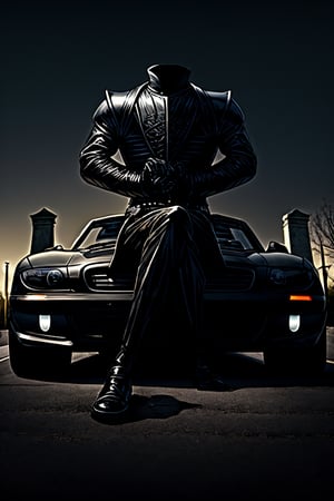 headless horseman, in shining black armor, headless, empty head, headless, driving a black convertible vehicle in a cemetery, empty head, invisible head, empty head, invisible head, black shiny armor has hands and feets, headless horseman in a black shiny armor driving black convertible vehicle in a dark cemetery,More Detail,DisembodiedHead