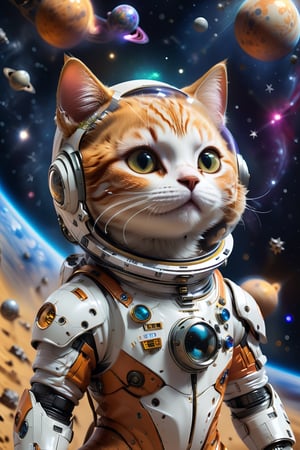 Cartoon cat flying over the stars in a spacesuit, Space cat, Cat in space, astronaut cat, kittens in outer space, anime cat, Cute detailed digital art, adorable digital art, anime visual of a cute cat, lovely digital painting, cat summoning a spaceship, Kawaii cat, cat summoning a spaceship, cat from the void, Amazing wallpapers, In space（wearing spacesuit,Transparent helmet,robotic hand） Edge lights, [smog], [hazed out], natural  lightting, shallow depth of field, Shot on a Canon EOS-1D X Mark III, 50mm lens, f / 2.8, (intricately details, ultra - detailed),((RAW color)), Clear focus, hdr, 4K resolution, cinematic movie