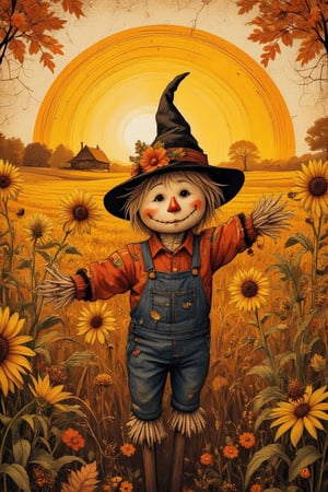 Masterpiece, professional, award-winning, intricate details, ultra high detailed, 64k, dramatic light, volumetric light, autumn, best quality, ink painting, acrylic, detailed cute little scarecrow on a rye field, cornflowers, sunrise, farm house, by Greg Craola Simkins, Dan Mumford, Andy Kehoe, 2d, flat, cute, adorable, vintage, art on a cracked paper, fairytale, storybook detailed illustration, cinematic, ultra highly detailed, tiny details, beautiful details, mystical, luminism, vibrant colors, complex background. Showcasing incredible texture and detail. Rendered in high-quality, super-detailed textures. Meticulously illustrated. 8k, ek_art_b00ster,anime,illustrated,FluxBoost,myvectorillustrations