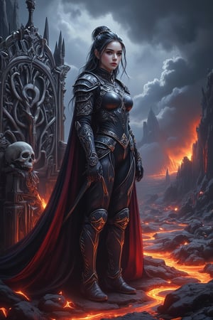 Masterpiece, professional, award-winning, intricate details, ultra high detailed, 64k, dramatic light, volumetric light, dynamic lighting, Art style inspired by Boris Vallejo and Luis Royo. A full-body shot of a strikingly beautiful girl with a flawless figure stands regally near her throne. She is clad in intricate, steel spiked armor, exuding both strength and elegance. Her throne, a menacing structure made of swords, jagged peaks, bones, and skulls, adds to the foreboding atmosphere. The setting is a desolate, rocky terrain with a river of molten lava cutting through the landscape and dark, swirling clouds overhead. The scene is a meticulously detailed masterpiece, capturing a haunting and powerful mood. realistic lighting and shading, vivid, vibrant, unreal engine, concept art,FLUX comics style,Enhanced all,Pastel