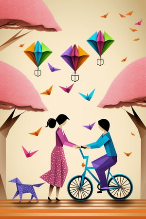 origami style, Parents teaching their child how to ride a bike, milestones, family bonding, childhood memories, balance, joyous achievement, high-quality,													
