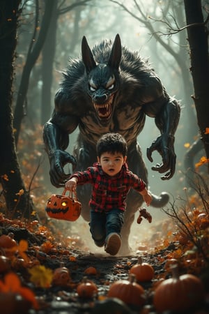 Masterpiece, professional, award-winning, intricate details, ultra high detailed, 64k, dramatic light, volumetric light, create an full body image of an adorable little Fat Venom boy running scared down a forest path holding halloween candy basket. A dangerous looking wolf is running behind him, whose mouth is open and its teeth are visible. It looks like it is chasing Fat Venom's child. vector art style. Showcasing incredible texture and detail. Rendered in high-quality, super-detailed textures. Meticulously illustrated. Adds cuddly atmosphere in the image, 8k,Venom,myvectorillustrations