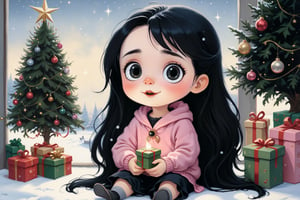 Realism, a painting, fairy tale fantasy style, Christmas Style, John Tolkien Style, Small painting by Jean-Baptiste Monge, soft facial features, cute little girl, sitting on a chair with loose black hair near the Christmas tree, soft facial features, wearing slacks, wearing a sweater, With light makeup, dark pink lips, "pearly" Lip shape, "curved eyebrows in the shape of Engriberts, light gray eyes, eyes with heavy eyelids, perfect hand, very clear, flawless, five fingers, long black wavy hair, in a knitted sweater, in black pants, Mischievous character, Christmas tree, Gifts, Jean-Baptiste Monge, anthropomorphic,